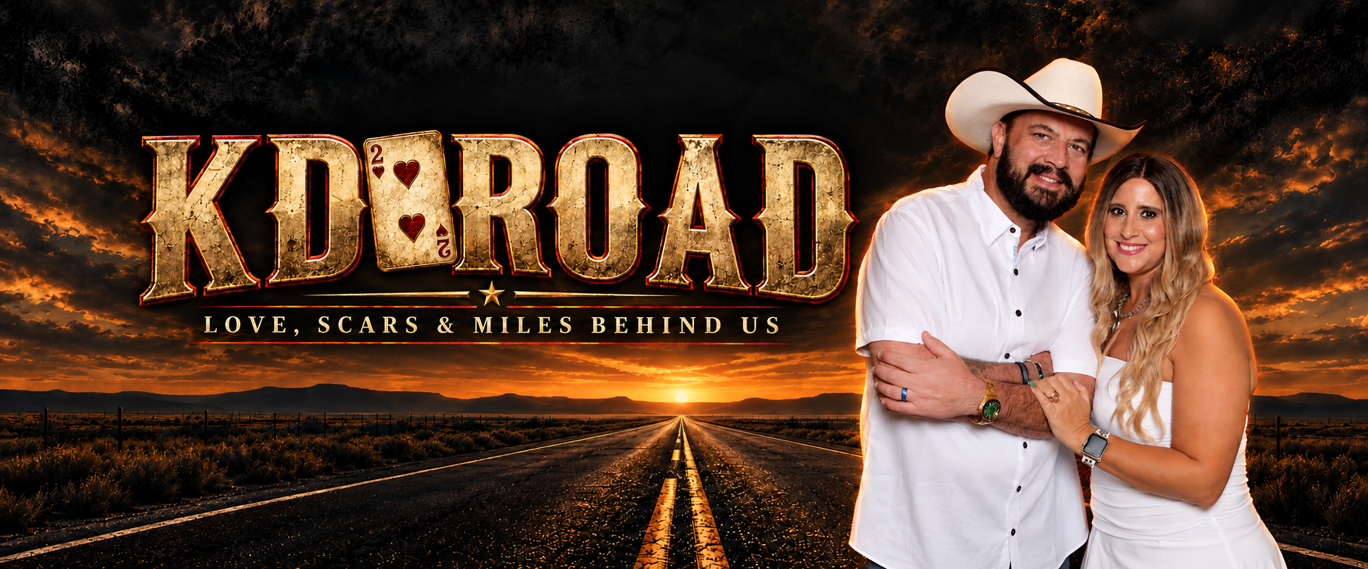 Kandy and Chad Howard together on a sunset highway beneath the KD Road logo